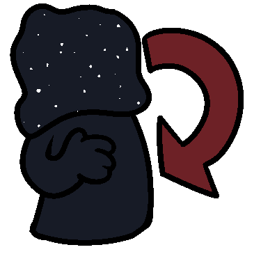 A dark blue figure with a blob containing a starry sky for a head, with a hand on voids chest and a red arrow coming from and pointing to the figure.